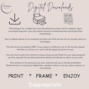 May include: Digital download artwork with the text "Digital Downloads" in a handwritten font. The image includes icons of a printer, a download arrow, and framed art prints. The text also includes "PRINT * FRAME * ENJOY".