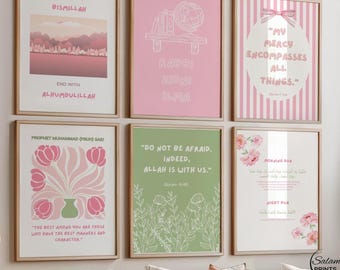 May include: Six framed prints with Islamic quotes and designs. The prints are in pink, green, and white with floral and geometric patterns. The quotes include "Start with Bismillah", "End with Alhumdulillah", "Rabbi Zidni Ilma", "My Mercy Encompasses All Things", "Do Not Be Afraid. Indeed, Allah is With Us." and "Morning Dua and Night Dua".