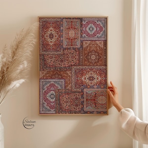 Set of 3 Persian rug collage inspired wall art prints featuring bohemian vintage carpet patterns in oriental tapestry aesthetic, high-resolution digital download for eclectic home decor.