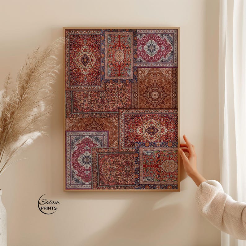 Set of 3 Persian rug collage inspired wall art prints featuring bohemian vintage carpet patterns in oriental tapestry aesthetic, high-resolution digital download for eclectic home decor.