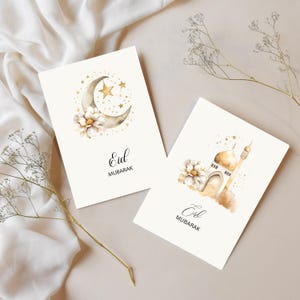 Conjunto de 8 cartões Eid Mubarak em tom neutro bege, presente islâmico moderno, cartão de felicitações para impressão, faça você mesmo, download digital islâmico, A6,5x7,6x4, presente para Eid
