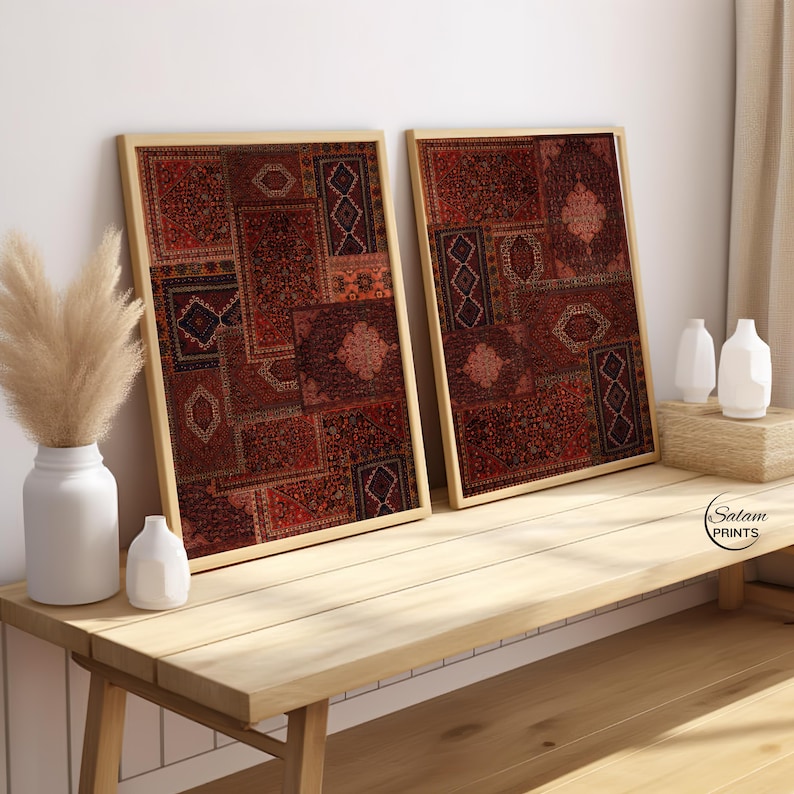 Set of 3 Persian rug collage inspired wall art prints featuring bohemian vintage carpet patterns in oriental tapestry aesthetic, high-resolution digital download for eclectic home decor.