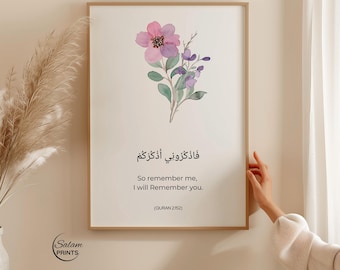 Quranic Verse 2:152 Islamic Floral Poster |Inspiring Muslim Home Decor Gift |Minimalist Islamic Wall Art |Quran Quote Print Instant Download