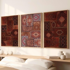 Set of 3 Persian rug collage inspired wall art prints featuring bohemian vintage carpet patterns in oriental tapestry aesthetic, high-resolution digital download for eclectic home decor.