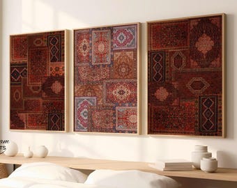 Set of 3 Persian Rug Collage Wall Art Prints, Viral Bohemian Carpet Inspired Digital Download Art,Trending Vintage Oriental Tapestry Digital