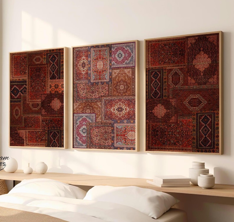 Set of 3 Persian rug collage inspired wall art prints featuring bohemian vintage carpet patterns in oriental tapestry aesthetic, high-resolution digital download for eclectic home decor.