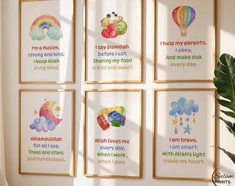 Set of 6 Affirmations Posters for Islamic Nursery, Rainbow Colorful Wall Art for Kids Room Decor, Gift for children, Digital Download