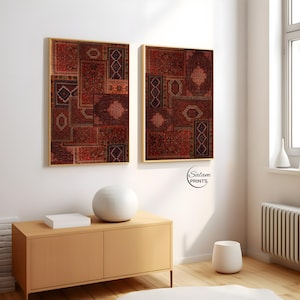 Set of 3 Persian rug collage inspired wall art prints featuring bohemian vintage carpet patterns in oriental tapestry aesthetic, high-resolution digital download for eclectic home decor.