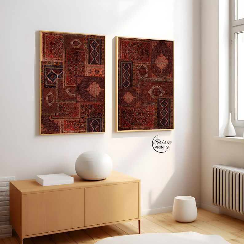 Set of 3 Persian rug collage inspired wall art prints featuring bohemian vintage carpet patterns in oriental tapestry aesthetic, high-resolution digital download for eclectic home decor.