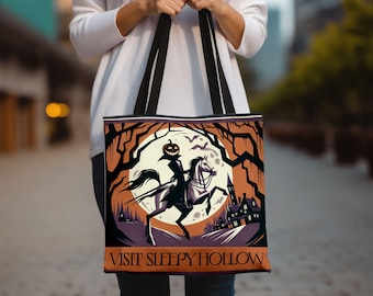 Visit Sleepy Hollow Tote Bag, Legend of Sleepy Hollow, Travel Poster, Headless Horseman, Mid-Century Modern Halloween Bag, Pumpkin Face