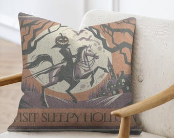 Visit Sleepy Hollow Woven Pillow, Legend of Sleepy Hollow, Travel Poster, Headless Horseman, MidCentury Modern Halloween decor, Pumpkin Face