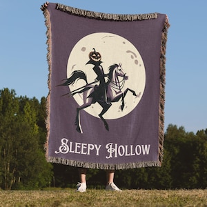 Headless Horseman Woven Blanket, Legend of Sleepy Hollow, Travel Poster, Headless Horseman, Mid-Century Modern Halloween, Pumpkin Face