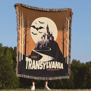 Visit Transylvania Woven Blanket, Travel Poster Inspired, Dracula Poster Art, Count Dracula, Cottagecore Dark Academia, Vampire Bat, Romania