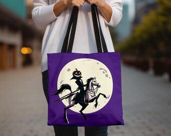 Headless Horseman Tote Bag, Legend of Sleepy Hollow, Travel Poster, Headless Horseman, Mid-Century Modern Halloween Bag, Pumpkin Face Bag