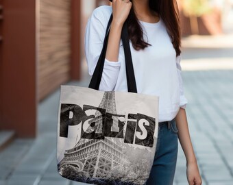 May include: A black and white tote bag with a photo of the Eiffel Tower and the word "Paris" printed on it.