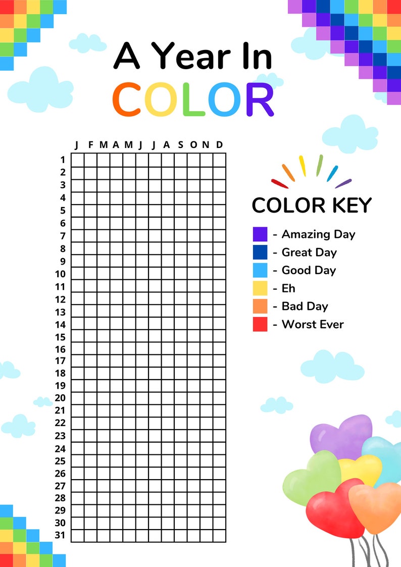 May include: A printable chart for tracking your mood each day of the year. Color in each square to represent how your day went, using the color key provided. The key includes colors for amazing, great, good, eh, bad, and worst days.