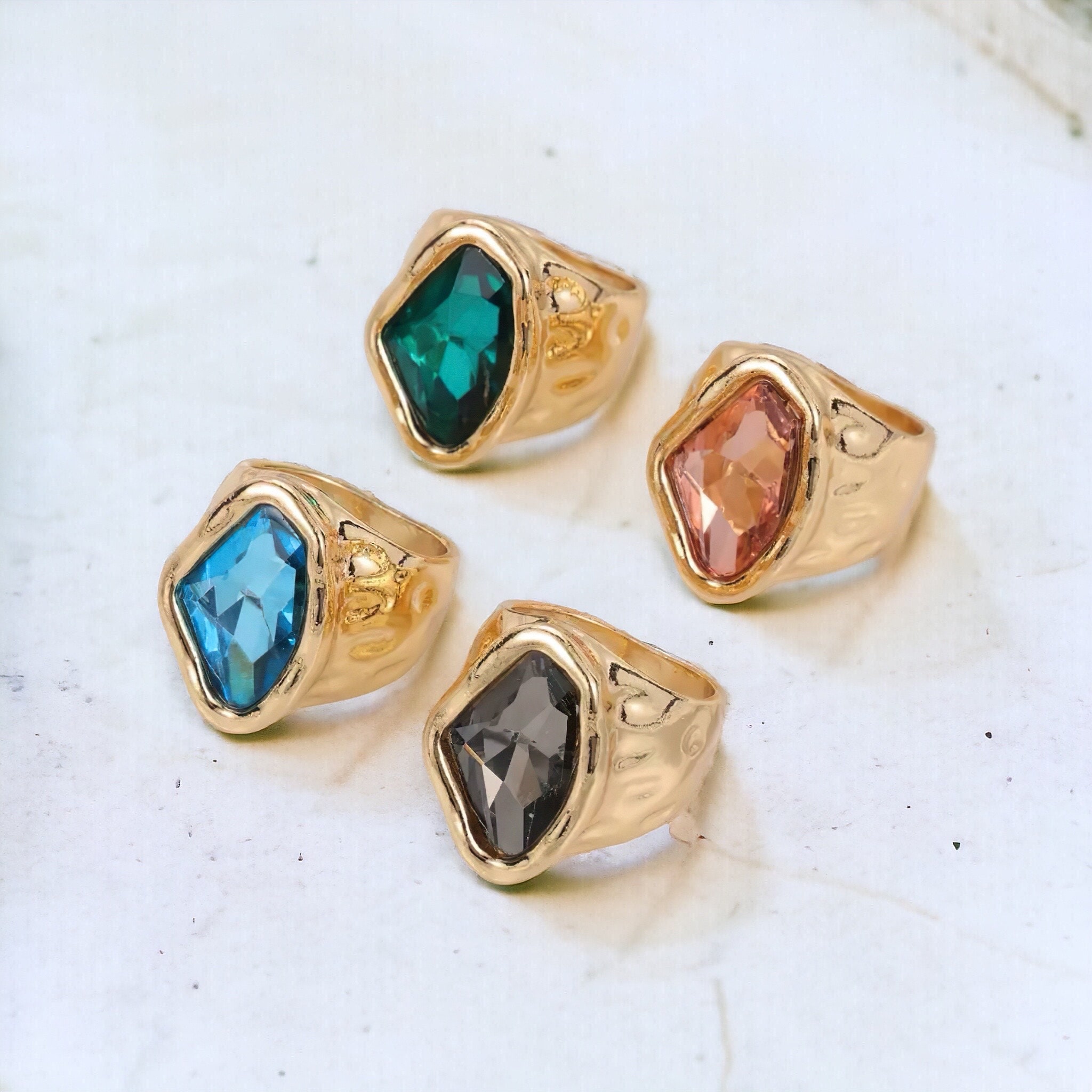 Personalized Birthstone Chunky Ring, Gemstone Ring, Emerald Thick Ring, Crystal Statement Waterproof Ring, Gift for Her
