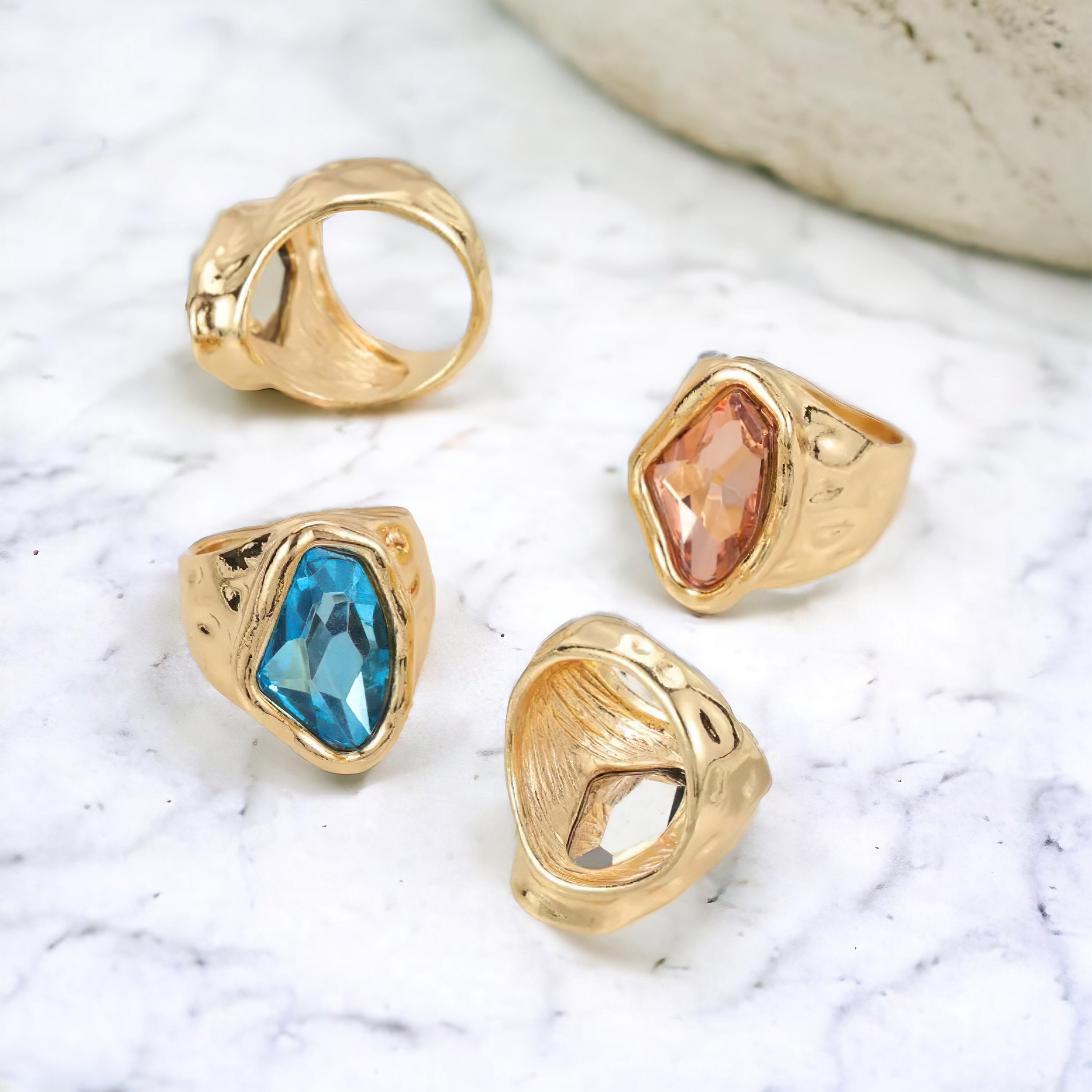 Personalized Birthstone Chunky Ring, Gemstone Ring, Emerald Thick Ring, Crystal Statement Waterproof Ring, Gift for Her
