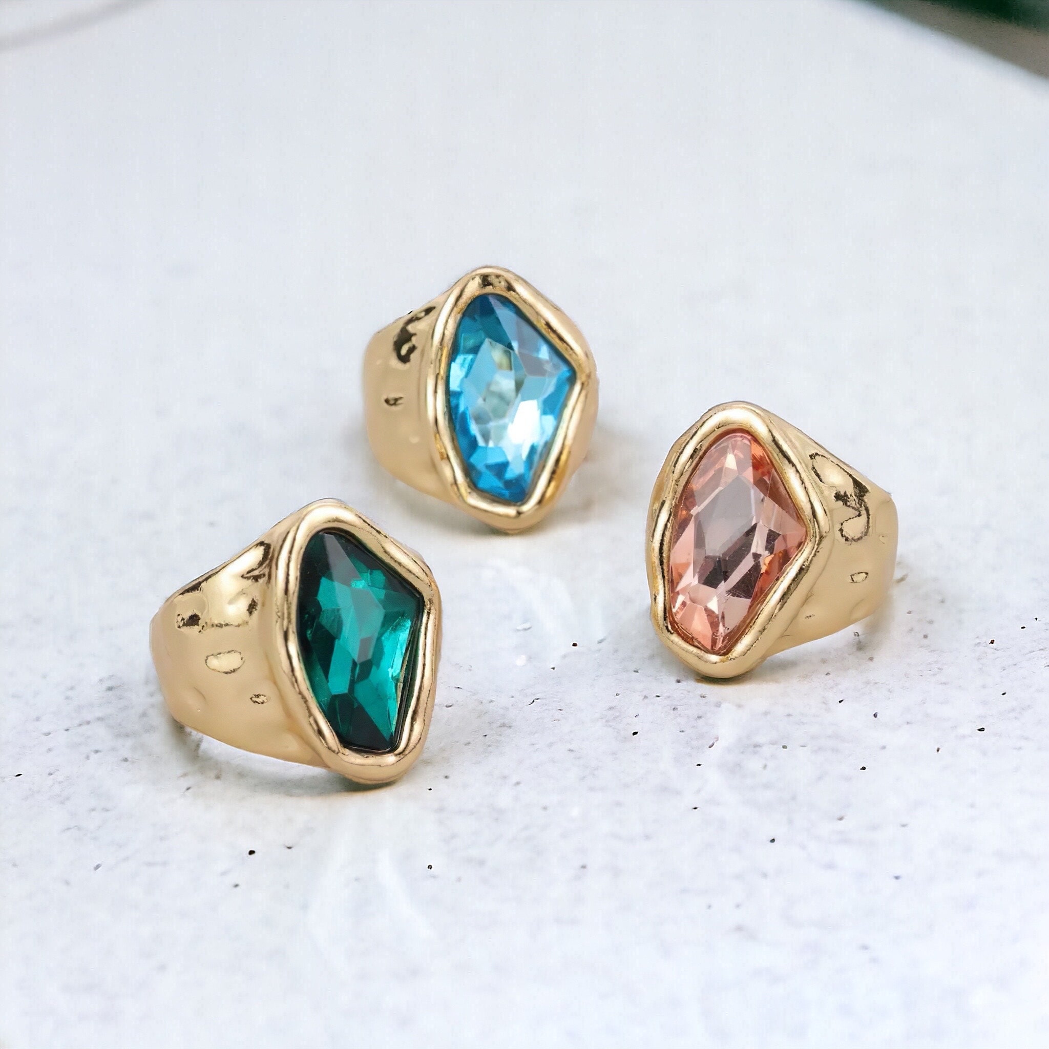 Personalized Birthstone Chunky Ring, Gemstone Ring, Emerald Thick Ring, Crystal Statement Waterproof Ring, Gift for Her