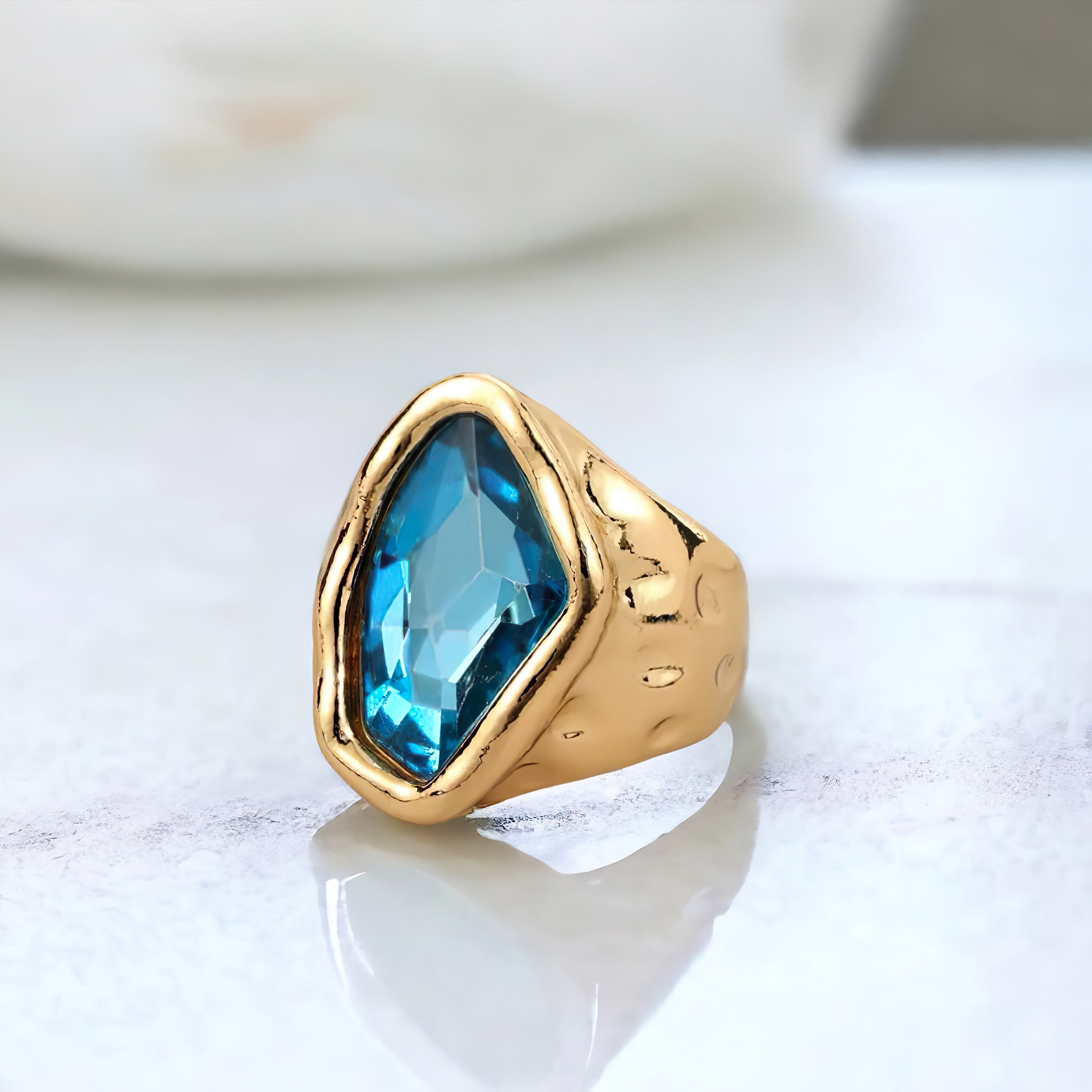 Personalized Birthstone Chunky Ring, Gemstone Ring, Emerald Thick Ring, Crystal Statement Waterproof Ring, Gift for Her