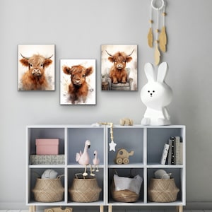 3 Watercolor Highland Cow Nursery JPEGs, Highland Cow Nursery Set of 3 JPEGs, Baby Highland cow nursery, baby cow nursery art, baby highland