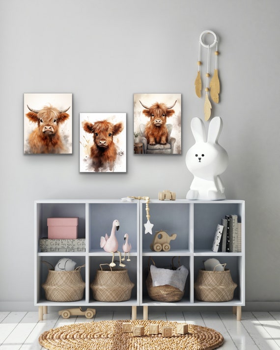 3 Watercolor Highland Cow Nursery JPEGs, Highland Cow Nursery Set of 3 JPEGs, Baby Highland cow nursery, baby cow nursery art, baby highland