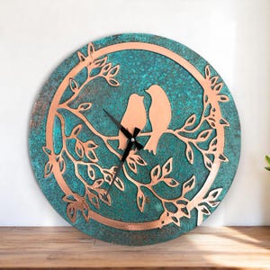 Wall Clock, Copper Wall Clock, Wall Clock Farmhouse, Natural Patina Bird Design, Wall Clock Large, Oversize Wall Clock, Rustic Wall Clock