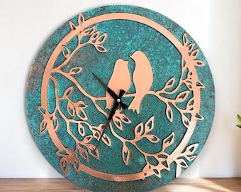 Wall Clock, Copper Wall Clock, Wall Clock Farmhouse, Natural Patina Bird Design, Wall Clock Large, Oversize Wall Clock, Rustic Wall Clock