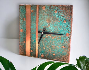 Handmade Rusted-Copper Patina Wall Clock-Oxidized Copper Wall Clock-Copper Patina Wall Clock-Rustic Decor-Wall Clock- Square Wall Clock