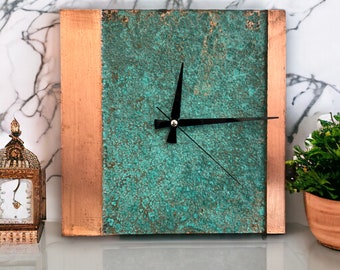 Square Wall Clock-Handmade Rusted-Copper Patina Wall Clock-Oxidized Copper Wall Clock-Copper Patina Wall Clock-Rustic Decor-Wall Clock