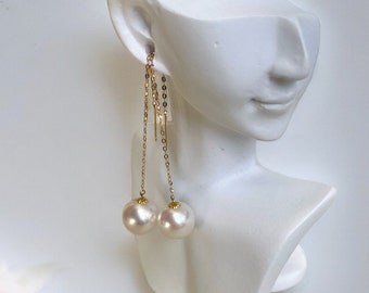 10.5-11mm Round Japanese Rose Pink Freshwater Pearl Threader Earrings, AU750 18K Solid Gold Adjustable Dainty Chain, Mirror-Like Lustre