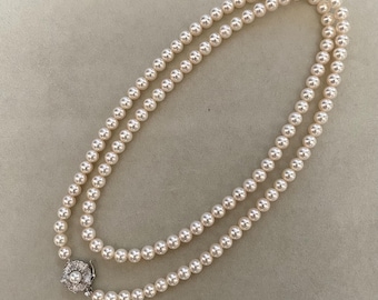 5100GBP Rare 33" Extra-Long White Japanese Akoya Pearl Opera Necklace 6.5–7mm, Rose Overtone, Floral Silver Clasp, Japan Jewellery Showpiece