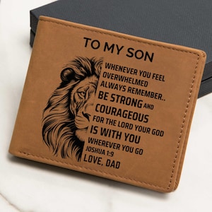 Cartera de cuero genuino para hijo de papá: Dios está contigo / Cartera para hombre personalizada, león con versículo bíblico, cristianismo, regalo inspirador para él