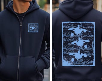 Orca Linocut Zip-Up Hoodie: Oceancore Fisherman Style