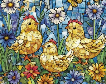 Stained Glass Chicken Fabric: Patterned Cotton for Quilting & Crafts
