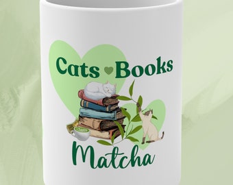 Cats Books Matcha Tea Mug - 15 oz Ceramic Cup