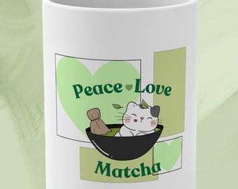 Peace, Love & Matcha Mug: Cat Lover Gift, 15oz Ceramic Cup