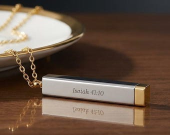 Engraved Isaiah 41:10 Sliding Bar Necklace Scripture Necklace Christian Bible Verse Jewelry Engraved  Message Pendant 18K PVD