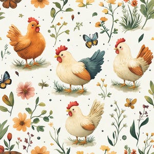 Puede incluir: Un fondo blanco con un patrón repetitivo de flores coloridas, mariposas y pollos. Los pollos están en varias poses, algunos con las alas extendidas y otros con la cabeza inclinada. Las flores son en tonos de rosa, amarillo y morado.