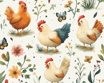 Patterned Hens Cotton Fabric: Spring Chicken Print, Quilting & Crafting