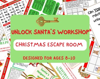 以下が含まれることがあります： 「Unlock Santa's Workshop」というタイトルのクリスマス脱出ゲーム。緑色の背景に「Christmas Escape Room」の文字。8〜10歳向けに設計されており、パズルシートと装飾的な鍵が含まれています。