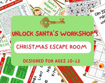 May include: A Christmas escape room game with puzzle cards and the text "Unlock Santa's Workshop". The design includes a key graphic and is designed for ages 10-12. The colour scheme is red, green, and white.
