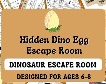 Puede incluir: Un juego educativo de color beige con el texto "Hidden Dino Egg Escape Room" y "Dinosaur Escape Room". Diseñado para edades de 6 a 8 años, presenta un huevo de dinosaurio y varios elementos de rompecabezas.