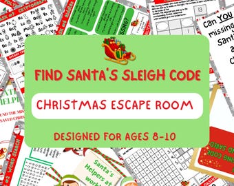 以下が含まれることがあります： 「Find Santa's Sleigh Code」と「Christmas Escape Room」のテキストが入った、クリスマスをテーマにした脱出ゲーム。対象年齢は8～10歳。様々なパズルカードが含まれています。