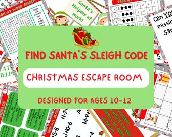 以下が含まれることがあります： 「Find Santa's Sleigh Code」と「Christmas Escape Room」のテキストが入った、クリスマスをテーマにした脱出ゲーム。10〜12歳向けに設計されており、お祝いのデザインで様々なパズルと課題が描かれています。