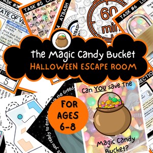 Pode incluir: Um jogo de escape room de Halloween para crianças de 6 a 8 anos. O jogo apresenta uma nuvem preta e laranja com o texto "The Magic Candy Bucket Halloween Escape Room". Há um balde preto e laranja com doces e um cadeado nele. O texto "Can You Save The Magic Candy Bucket?" está abaixo do balde.