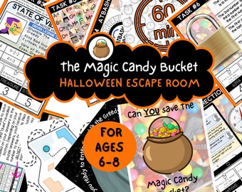 May include: A Halloween escape room game for ages 6-8. The game features a black and orange cloud with the text "The Magic Candy Bucket Halloween Escape Room". There is a black and orange bucket with candy and a lock on it. The text "Can You Save The Magic Candy Bucket?" is below the bucket.