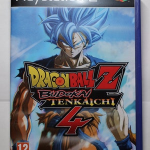 May include: A PlayStation 2 video game case for Dragon Ball Z Budokai Tenkaichi 4. The cover features a muscular anime character with blue hair and a dynamic pose. The game title is prominently displayed in yellow and red.