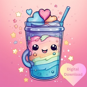 Kawaii Rainbow Boba Tea Illustration Digital Art Print | Downloadable Art | Instant download | Printable | Junk Journal
