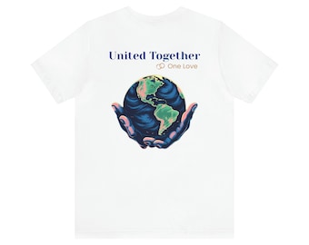 May include: White t-shirt with a blue graphic of a globe being held by two hands. The text "United Together" and "One Love" is printed in blue above the graphic.